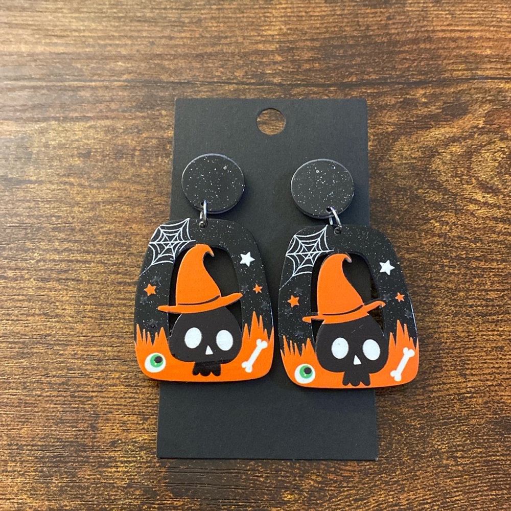 Black square cute printed skull dangle earrings